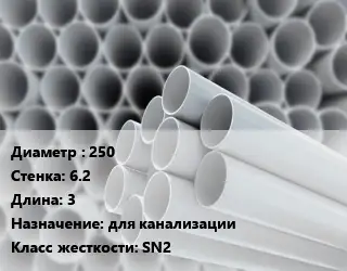 Труба ПВХ, поливинилхлорид 250 s=6.2 L=3 для канализации SN2